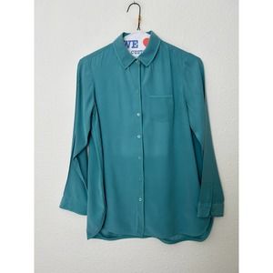Lafayette 148 Women's Size 8 Teal 100% Silk Long Sleeve Button Down Blouse Luxe